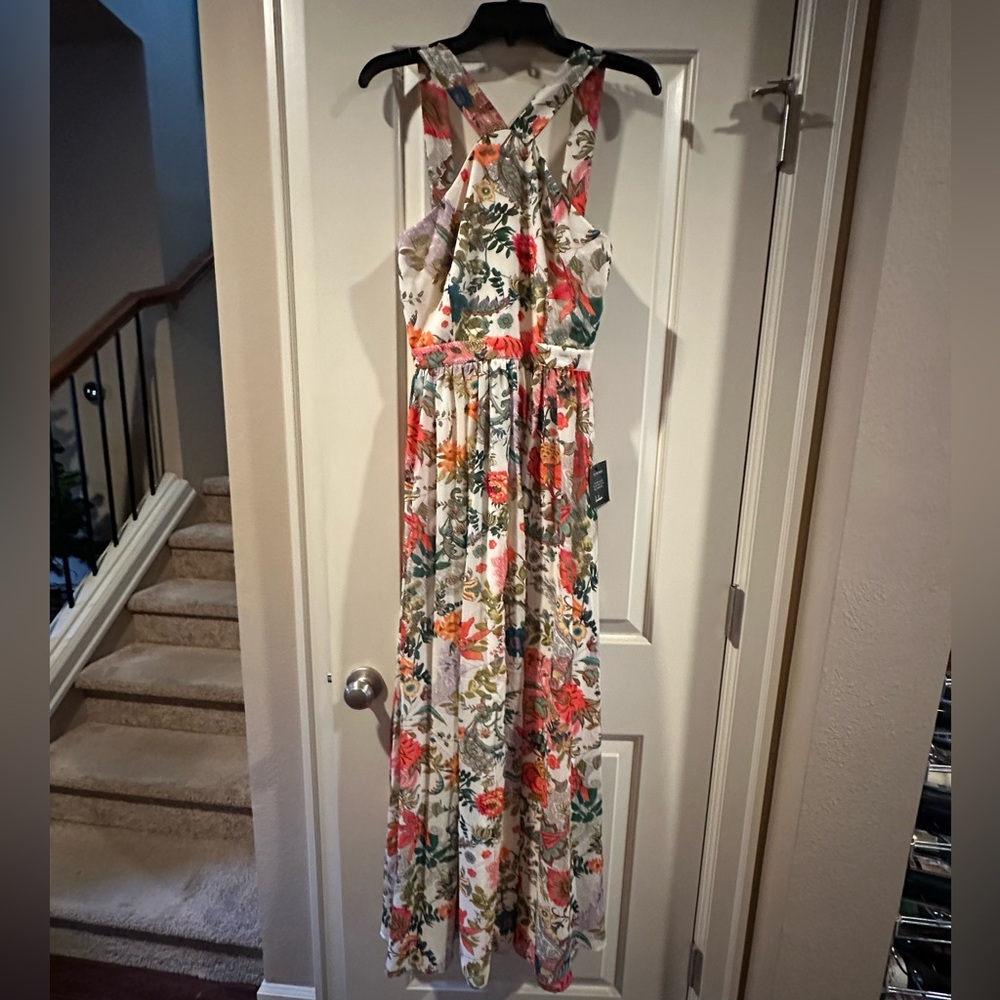 Lulus Floral Halter Maxi Dress with Cross Back